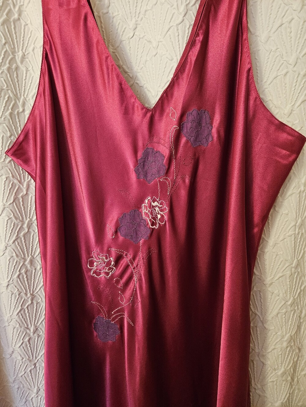 Silky V-Neck Burgundy Satin Slip Dress with Floral Embroidery - Picture 2 of 10